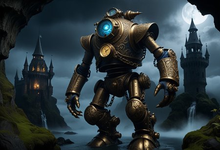 giant bipedal robot brass and dark blue, bronze paisley robot. lacy robot metal. diving helmet head. outside of a steampunk keep. large detailed torso. dark image. one forty foot tall ancient robot with great arms and two heavy spring legs. dark foggy night background. $dark foggy night image only. dark photo realistic image. steampunk details. cogs, chains and pipes incorporated in the fantasy buildings. magic wizards tower in background. Dark swamp, moss, castle ruins, wizards tower. stormy dark night.  stormy sky.