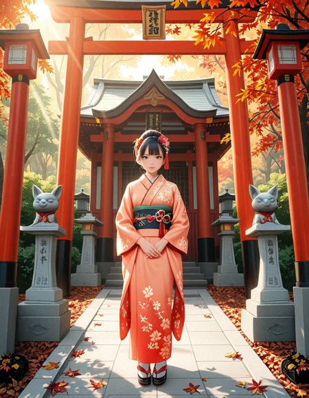 looking at viewer,A graceful Japanese woman standing in front of a traditional Inari shrine, wearing an elegant mauve kimono adorned with intricate floral patterns. Her dark hair is styled in a classic updo, decorated with delicate kanzashi hair ornaments. She has a serene and contemplative expression as she gazes towards the shrine. The scene is set in the late afternoon, with soft golden sunlight filtering through the vibrant red torii gates that create a tunnel leading to the shrine. The ground is covered with autumn leaves in warm shades of red, orange, and yellow. Stone fox statues, draped with sacred red bibs, guard the entrance, adding to the shrine's mystical aura. Traditional stone lanterns emit a soft, warm glow, enhancing the spiritual and tranquil ambiance. The background features lush greenery, contrasting with the shrineâs vivid vermillion hues. The image is in a photorealistic style, with high dynamic range lighting, capturing every intricate detail from the fabricâs texture to the play of light and shadows, evoking a sense of peace and tradition.
<lora:SDXLFaeTastic2400:0.4> <lora:extremely_detailed:0.4> extremely detailed, <lora:Inari_shr1n3:1>,Inari shr1n3, Masterpiece,best quality,hi res,8k,hi res,8k,award winning,(sharp focus, intricate, highly detailed),