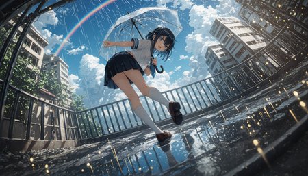 1girl, solo, looking at viewer, smile, open mouth, short hair, blue eyes, shirt, skirt, black hair, holding, hair between eyes, standing, school uniform, white shirt, braid, short sleeves, :d, outdoors, pleated skirt, sky, shoes, socks, day, serafuku, looking back, cloud, black skirt, sailor collar, miniskirt, from behind, water, blue sky, wet, see-through, kneehighs, dutch angle, brown footwear, white socks, umbrella, standing on one leg, cloudy sky, building, loafers, wet clothes, white sailor collar, reflection, rain, holding umbrella, water drop, railing, midriff peek, wet shirt, transparent, rainbow, puddle, transparent umbrella, reflective water, <lora:HandFixer_pdxl_Incrs_v1:0.5> <lora:None:1.0> <lora:deadpuritySDXLvpred10-step00002300:0.30000000000000004> <lora:Kantoku_Style_for_Illustrious:0.8000000000000002> <lora:banpaiAkiraOSXL_NBVP1_lokr_V6311P:0.30000000000000004> <lora:WSSKX_WAI:0.30000000000000004> <lora:Aura_Phantasy&Shiiro's_Styles-Illustrious:0.30000000000000004> <lora:åå¡ã__ATNR_STYLE-Illustrious:0.05000000000000001> <lora:r17329_illuu:0.05000000000000001> <lora:il_saturation_slider_d1:-0.5000000000000001> <lora:il_color_temp_slider_d1:-1.0000000000000002>