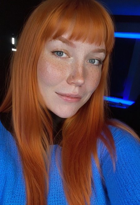 fair skin with freckles, long hair, very long hair, long straight orange hair with a reddish tint, straight hairstyle, bangs,
cool artificial lighting, wearing a bright blue knit sweater, bright blue eyes, medium-length brown hair, wearing a black high-neck sweater, 
light smile with a hint of contemplation.