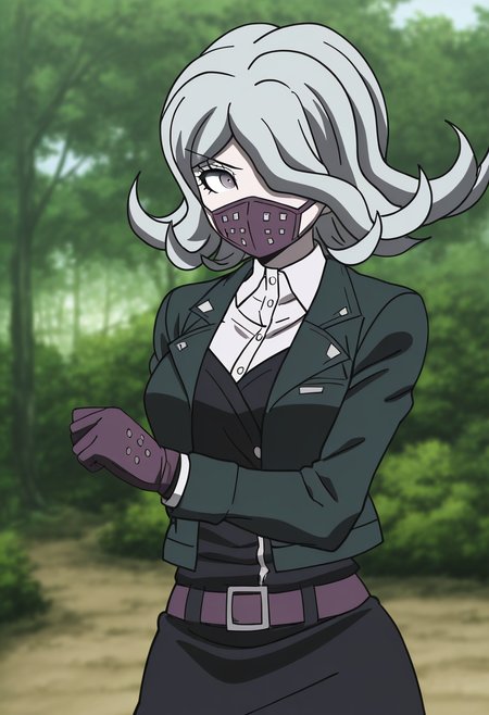 (((solo))), masterpiece, best quality, modern, modern anime, danganronpa_(series),<lora:Seiko_Kimura_Illustrious:1>, In the art style of Rui Komatsuzaki, artist: Rui Komatsuzaki, This is an anime screencap from Danganronpa 3. . Seiko Kimura is wearing her future arc uniform. Seiko Kimura is a short woman with purple eyes and a sickly complexion. She has pale grey hair and a respirator mask covering her mouth. She wears a dark-colored jacket that's half open and connected in the middle. She has a small Future Foundation ID pinned to the lapel of her jacket. Under the jacket is a white dress shirt a dark pencil skirt held by a purple belt long black stockings and purple Mary Janes. She wears purple gloves with a single white stripe in the middle.  Seiko, known for her soft-hearted nature, is caring for a group of orphaned animals on New Year's Day. The animals are all unique and strange, and she must use her pharmaceutical skills to keep them healthy and happy. As she tends to their needs, she feels a sense of warmth and connection, despite the eerie atmosphere of the abandoned orphanage.