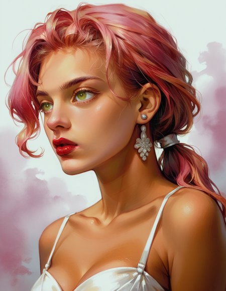 score_9, score_8_up, score_7_up, score_6_up, <lora:hud_yanjuncheng_styl_XLP:1> Craft a magnificent, ultra-detailed work of art, (  wearing  Elegant pallium with delicate draping and richly decorated edges ), Femme fatale, Tall, Skinny, Square Face, Olive Skin, Strawberry Blonde Hair, jade Eyes, Narrow Nose, Thin Lips, Receding Chin, Shoulder-Length Hair, Coarse Hair, Low Ponytail, soft breasts, Stud earrings, gloss sheer lipstick, Watercolor Painting, engaging, Surreal, Fog