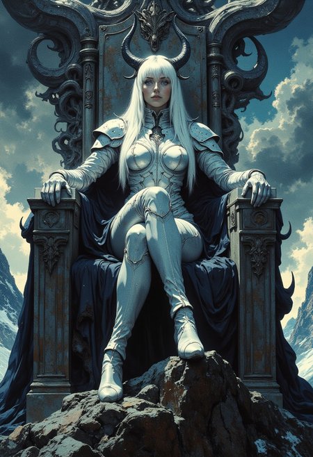 (digital artwork, hyper realistic, rough textures:1.2), nistyle, dark fantasy.
epic dramatic cinematic of a slender woman sitting on her huge throne. the woman leans back he, her slump and bored posture, almost manly, an understatement to her ultimate power.
she has long white hair cascading down her shoulders, straight and styled as middle parting.
she wears a delicate lightweight silver armor with tight white accents, the polished silver is unadorned and futuristic with white neoprene appliques.
an soft ethereal glow radiates from the silver and her white hair. on her head a onyx crown, from the delicate base, two sinuous onyx horns grow. 
the chiseled stone throne placed on top of a mountain, set against a cloudy stormy sky, is enormous and brutal in appearance. ornaments of alien origin, otherworldly and evil, decorate it. the woman shines in an angelic glow while the scene overall is dim and lit by cold dramatic light, soft shadows enhance the ominous atmosphere of the cold and harsh environment.