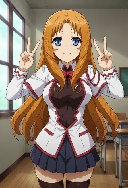 <lora:Jeshika_Varentain-Seikoku_no_Dragonar:0.8>,1girl,solo,Jeshika Varentain,long hair,brown hair,orange hair,drill hair,blue eyes,breasts,anime coloring,school uniform,skirt,thighhighs,looking at viewer,smile,indoors,double v,