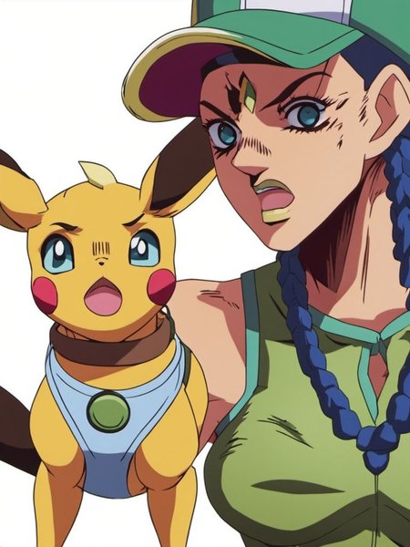 An action shot of  jolyne cujoh as a pokemon trainer playing with eevee, Very detailed, clean, high quality, sharp image, jojoso style <lora:SDXL-jojoso_style-Lora:1>