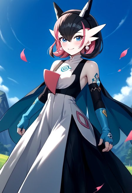 score_4,score_5,score_6,score_7_up,score_8_up,score_9 ((masterpiece,best quality,ultra detailed,highres,HD,4k:1.2)), 
1 girl,solo,face focus,
((Hair between the eyes,gardevoir, pokemon_\(creature\),two-tone skin, white skin,green_skin))
short hair,black hair,multicolored hair,Inner color pink hair,blue eyes,tattoo,black head gear,earrings,very small breast,
Elbow gloves,long skirt,Bare shoulders, corsets,cape,fingerless gloves,jewelry,
smile,.blush,light smile,