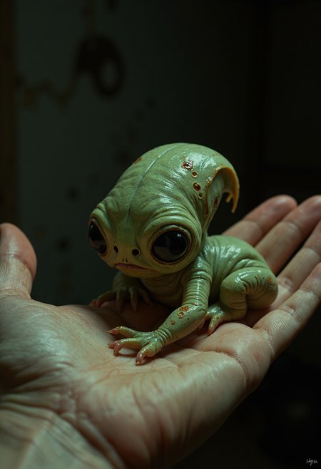 analog film photo image depicts a small, green, tentacled creature with large eyes and a bulbous body, resting on an open palm.
In the foreground, the creature's intricate details are visible: its numerous tentacles, each curled at the end, and its large, round eyes that seem to stare directly into the viewer. The creature's skin appears rough and wrinkled, with deep creases etched across its surface. Its body is a muted green color, with hints of brown and tan around the edges.
The background of the image is blurred, but it appears to be a dark room or space, with shadows cast on the walls. The overall atmosphere of the image is one of curiosity and fascination, as if the viewer is being invited to examine this strange creature up close.
The composition of the image is simple yet effective, with the creature centered in the frame and the palm serving as a subtle contrast to its alien appearance. The lighting is soft and diffused, which helps to emphasize the texture and detail of the creature's skin.
Overall, the image presents a captivating and intriguing scene that invites the viewer to explore the mysteries of this unusual creature . faded film, desaturated, 35mm photo, grainy, vignette, vintage, Kodachrome, Lomography, stained, highly detailed, found footage