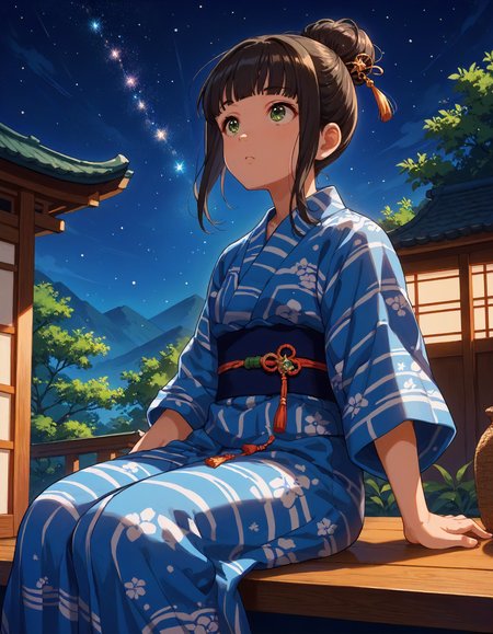 score_9,score_8_up,score_7_up,1girl,solo,sitting,looking up,daze,starry sky,
<lora:hamaguchiayame_ponyXLV6:0.8>,cghaym,black hair,single hair bun,blunt bangs,green eyes,
japanese clothes,kanzashi,blue yukata,sash