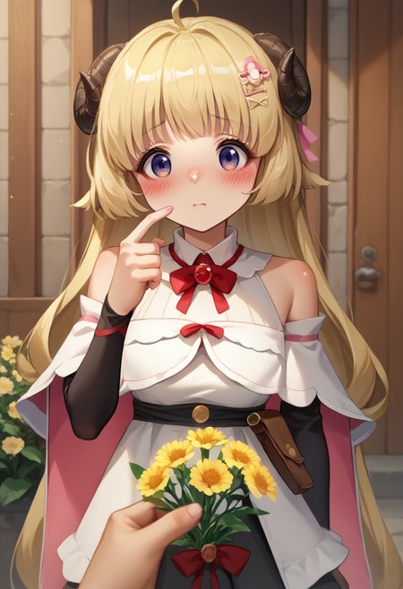 score_9, score_8_up, score_7_up, source_anime, 1girl, single finger pointing, pointing at self, <lora:IndexFingerPointingAtSelf_XLPD:1>, upper body, blush,  <lora:POVGifting_XLPD:1>, PovGifting, pov hands, holding flowers, flower, <lora:last_1:1>, WatameBase, very long hair, ahoge, hairclip, fur-trimmed dress, short dress, red bowtie, detached sleeves, pouch, fur-trimmed cape, pink cape, shy,