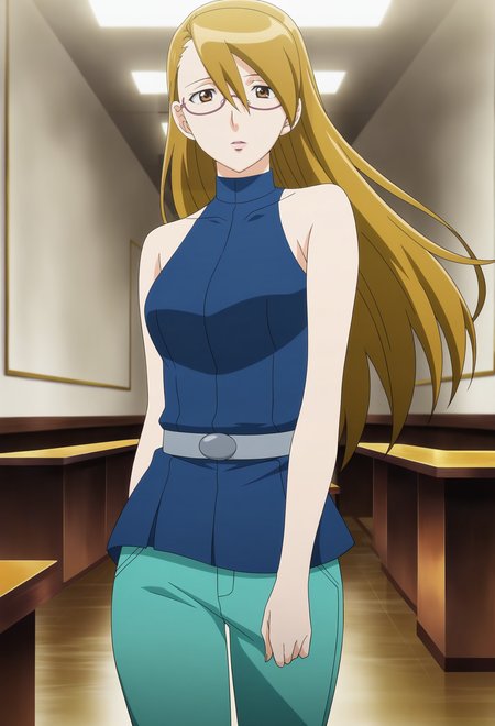 anime screencap,anime coloring,detailed face,masterpiece,best quality,very aesthetic,absurdres,volumetric lighting,official style,amazing quality,ultra detailed,highres,amazing quality,scenery,beautiful detailed hair,beautiful detailed eyes,official anime artwork,<lora:Adrian Andrews-IL V1:1>,
Adrian Andrews,1girl,solo,long hair,pants,blonde hair,indoors,sleeveless,belt,dress,bare shoulders,turtleneck,brown eyes,semi-rimless eyewear,
