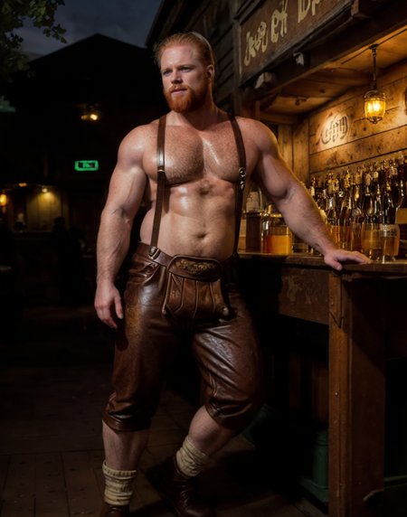 l3denh0sen, photo of a (shirtless:1.3) (handsome:1.4) (35 years old young:1.3) (ginger Irish:1.3) man, goatee, celebrating Oktoberfest at night, (suspenders:1.2), shorts, (topless:1.3) male, leaning over the counter, outdoor bar, back, socks, masterpiece, intricate details, detailed background, depth of field,
<lora:Clothing - Sexy Ledenhosen:0.65>,  long shorts <lora:cumrag:1.0> (cumrag dirty dark brown leather l3denh0sen clothes:1.2)
(sweaty:0.8), (yellowish:0.1) (whitish:0.8) (dry stains:1.2), old, stinky, gross, sticky, nasty, disgusting, (dirty:0.6), repulsive, navel  <lora:muscle_slider_v1:3.2>  <lora:weight_slider_v2:1.6>, navel,  (round plumpy beer belly:1.3), (goo cum stains on clothes:1.2), (bara:1.1) <lora:zoom_slider_v1:-5> <lora:people_count_slider_v1:2> <lora:epiNoiseoffset_v2:2.1>