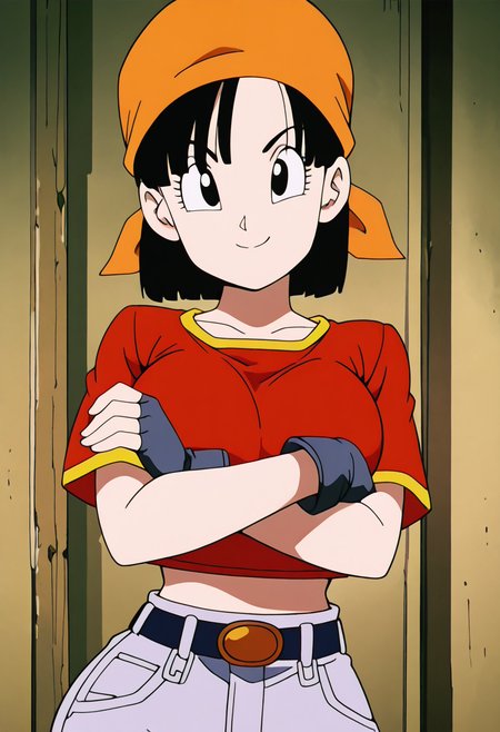 masterpiece, best quality, solo, curvy, beautiful eyes, aged up, large breasts, narrow waist, wide hips, 1girl, solo, smile, looking at viewer, foreshortening, close up,    zzPan, black hair, short hair,  bandana, fingerless gloves, red shirt, denim jeans,   ,<lora:PanDBGT_IXL:1.0>,arms crossed, head tilted, cowboy shot, confident look,  looking at viewer,