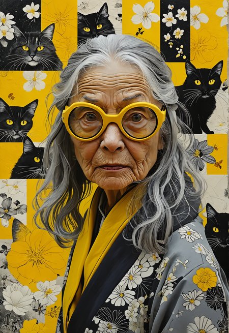 old woman, black and grey long hair, wearing goggles , surrounded by a b&w collage of Japanese imagery in the style of mixed media collage ,yellow cat,horror,  pop art ,Shigeo Fukuda <lora:MJ52:0.5> <lora:add-detail-xl:1>
