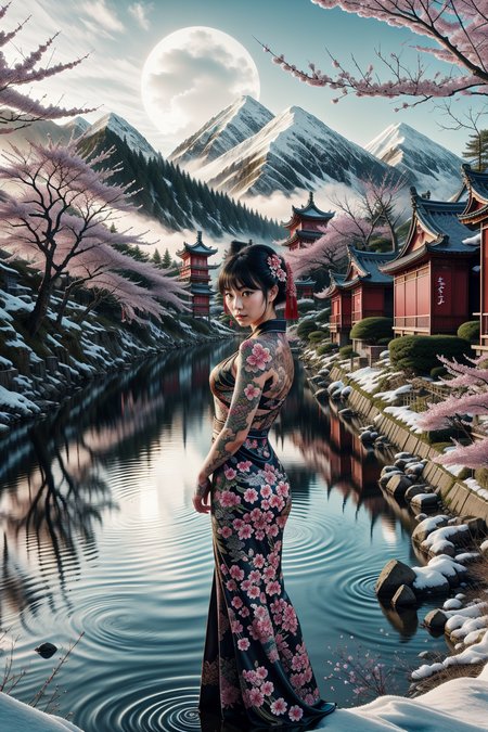 masterpiece, best quality, <lora:EPIrezumiWorld-04:1.3> , EPIrezumiWorld, tattoo, irezumi, cherry blossoms, 1girl, short hair, geisha, kimono, snow, mountain, river, forest