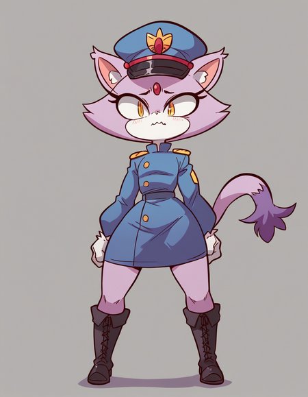 zPDXL, score_9, score_8_up, score_7_up, source_anime, 1girl, solo,
 <lora:diives_v2:1> diives, (portrait), Blaze the Cat,  purple cat, cat tail, cat ears, purple fur, white fur, two-tone fur, white gloves, flat chest, little girl, child, wavy mouth, standing_on_shoulder, soldier wearing Dark navy blue uniform with double-breasted jacket, A-line skirt, knee-high boots, officer's cap