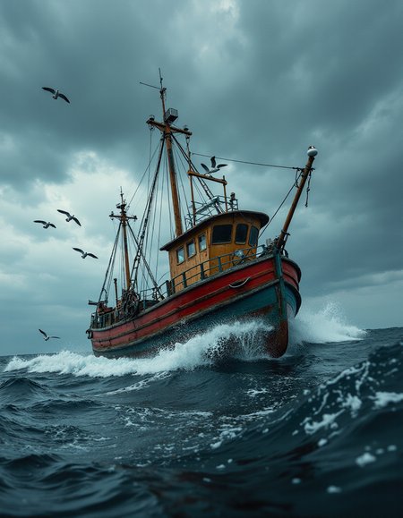 Low key, masterpiece, ultimate detailed, tiny finnest details,
Ultra high definition of a small fishing industrial boat at sea, (without masts:2.9), (no rigging:2),  (a group of seagulls flying around the boat:1.2), heavy rain,  (stormy weather:1.6), (tempest:1.4), very high waves, rough waves, cinematic texture, Leica lens, 8K, 
 <lora:Flux1-impossible_geometry_V1.0:0.4> <lora:flux.1_lora_flyway_Epic-detail_v2:0.7> . <lora:Dieselcore:0.3> d1eselc0re , dynamic, action pose, (dutch angle:1.5) from below, wide lens, low camera angle actions scene, foreshortening, <lora:Action-sdxl-V0.5:1> in a zdyna_pose, dutch angle, from below, low camera angle actions scene, foreshortening,, RAW candid cinema, studio, 16mm, ((color graded portra 400 film)) ((remarkable color)), (ultra realistic), textured skin, remarkable detailed pupils, ((realistic dull skin noise)), ((visible skin detail)), ((skin fuzz)), (dry skin) shot with cinematic camera, dark ambiance, low lighting, chiaro oscuro
