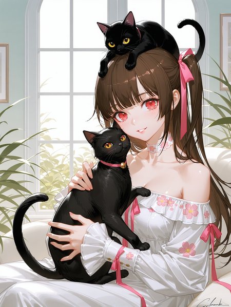 artist:ask_(askzy),artist:yolanda,[artist:WANKE],artist:ciloranko BREAK Simple Flat Coloring,shiny skin,1girl, cat, animal, brown hair, solo, long hair, holding, dress, collarbone, looking at viewer, bare shoulders, bangs, red eyes, smile, choker, holding animal, blush, ribbon, breasts, signature, black cat, hair ribbon, one side up, holding cat, long sleeves, animal on head, parted lips, on head, cat on head, window, floral print, indoors, white dress, pink ribbon, off shoulder