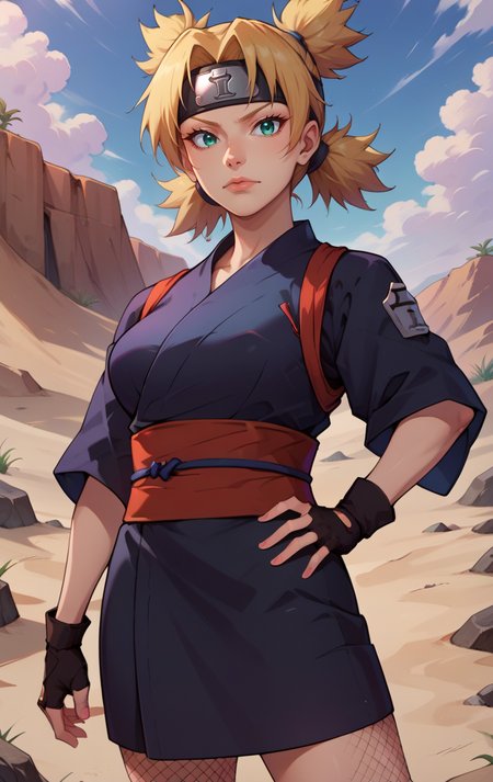 score_9, score_8_up, score_7_up, BREAK source_anime  <lora:temari:1> temariSDXL, 1girl, solo, looking at viewer, green eyes, blue eyes, four pigtails, blonde hair, black gloves, black japanese clothes, fingerless gloves, black kimono, hand on hip, sash, fishnets, forehead protector, cowboy shot, desert background, Kazekage symbol,