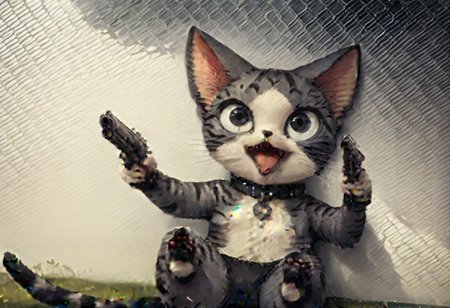 score_9, score_8_up, score_7_up, score_6_up, score_5_up, score_4_up, source_anime, BREAK intrepid, ChiYamada, cat, black eyes, no humans, dual pistols, shooting, collar, chained, on back, legs up, grass, detailed chain link fence, best quality, very aesthetic, furry, anthro, realistic detail, realistic fur