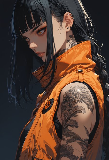 score_9, score_8_up, score_7_up,source_anime,1girl,solo,black hair,long hair,braided ponytail,blunt bangs,brown eyes,perfecteyes,eyebrows,hair behind ear,high neck orange jacket,sleeveless jacket,tattoos,pants,from the side,dark background,sinozick,flat colors,cowboy body shot