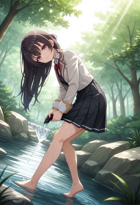 masterpiece, best quality, <lora:noob1.1-lineart_adjust1-mki:-0.7>, 
(photo background:0.5), <lora:Eyes_High_Definition:0.6>, eyesHD, high gradient eyes, detailed eyes, high definition eyes, 
BREAK
<lora:Yuki_Suou_illu:0.8>, 
1girl, solo, Yuki Suou, unique outfit, leaning forward, head tilt, light smile, from side, from below, dutch angle, lips, lipstick, makeup, floating hair, light rays, 
wet clothes, wet, wet skirt, water, barefoot, closed mouth, rock, outdoors, looking at viewer, skirt hold, day, river, wading, partially submerged, wet hair, lifted by self, wringing clothes,