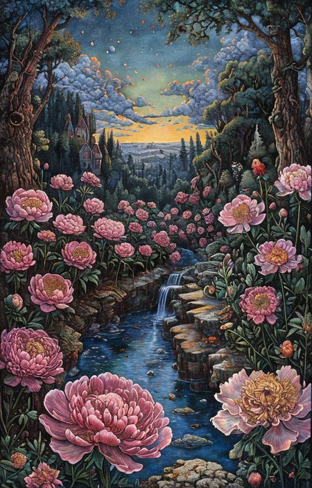 masterpiece,best quality,<lora:tbh179-sdxl:0.9>,illustration,style of David Welker, decaying peonies