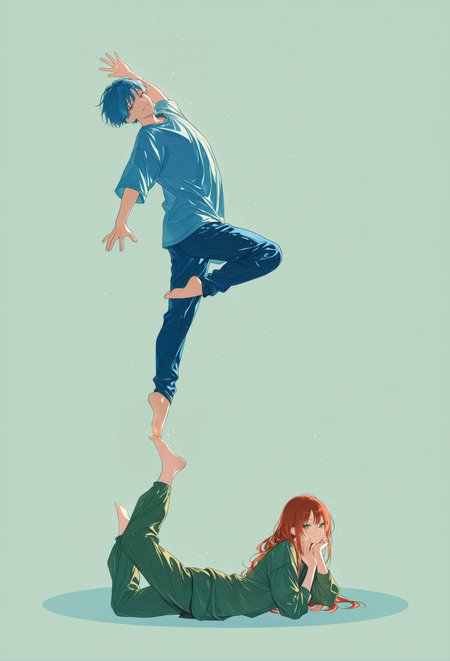 lpip-, cogecha-,
1boy, mature male, tall, dynamic pose, en pointe, looking at viewer, smile,
short blue hair, bowlcut--, brown eyes, white sclera, blue shirt, blue baggy pants, oversized clothes, bare feet,
BREAK
1girl, mature female, long red hair, round eyewear, green eyes,  looking at viewer,  green shirt, green baggy pants, bare feet, hand on own chin, lying down, leg raised, smile,
masterpiece, best quality, absurdres, very aesthetic, very awa,
BREAK
toes touching, balancing on another,
iridescent sidelit, warm lighting, light particles,
bright, simple background, light blue background, shadows,