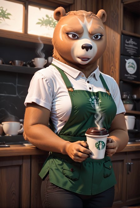 score_9, score_8_up, score_8,
<lora:Luthera_the_Wandering_Knight_Kung_Fu_Panda_for_PonyXl:0.8> furry, bear, 1girl, luth3r4, furry female, solo, tail, 
parody, source_cartoon,
indoors, coffee shop, uniform, apron, shirt, pants,