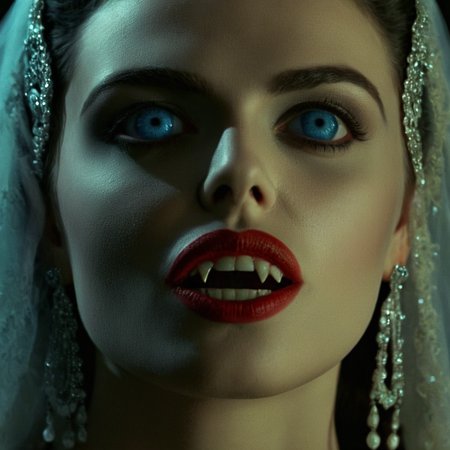 cinematic film still of  <lora:perfect sclera eye style v2:0.5> very big reflective blue eyes 
 <lora:Female Vampire 2:0.5>  <lora:brides of dracula style:0.5>
closeup, 15th-century 1897 a vampire woman with a creepy look on her face staring at camera with vampire fangs and vampire reflecting eyes and red lips Kodak Eastman EXR 50D 5245, EXR 500T 5296 Cinematic Film in a scene from the brides of dracula style, shallow depth of field, vignette, highly detailed, high budget, bokeh, cinemascope, moody, epic, gorgeous, film grain, grainy