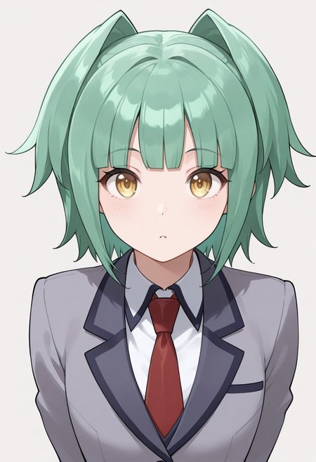 <lora:kaede_kayano_ill_v1.0:1> kaede_kayano, green hair, solo, school uniform, necktie, short hair, yellow eyes, 1girl