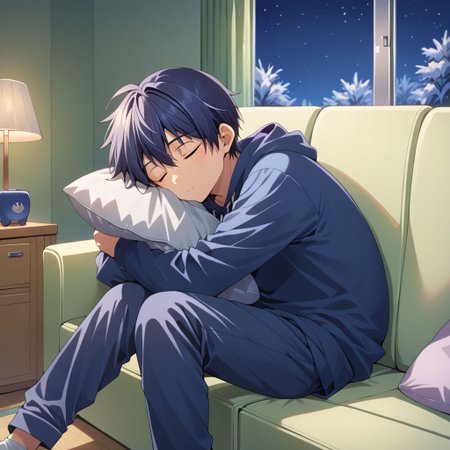 score_9, score_8_up, score_7_up, source_anime, highly detailed,
Tomoya Okazaki / Clannad, 1boy, solo, male focus, 
indoor, living room, sofa, pillow, hoodie, long pants, white socks, sleeping, cute expression, cute, tv on, televion on, night, snow,
