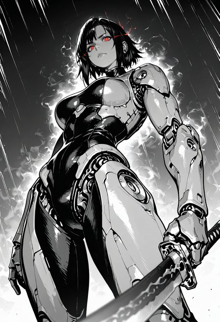 solo,
piercing gaze, angry, serious, determined, confident, glowing eyes,
futuristic steaming_hot blade, red glowing katana, armored,
depth of field, blurry_foreground, energy lines, 
dimly lit, dramatic lighting, volumetric lighting, dark,
heat haze, mirage, from below, low angle, imposing, silhouette, (backlit:1.2), side view,
low angle, from below, imposing, dutch angle,
monochrome,
v2.0,
 <lora:Dot_Comics:1>, masterpiece, best_quality, amazing_quality, very_aesthetic, 8k, high_quality, highres, absurdres, subject_focus,, detailed eyes, perfect eyes, realistic eyes,, mechanical limbs, cyborg, cybernetic, futuristic, mechanical joints, robot,