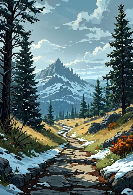 artistic cartoon comic {A skyrimlandscapes, snowy scenery background, trees, grass, dirt, grey overcast sky, on a stone path leading to a dungeon} . graphic illustration, comic art, graphic novel art, highly detailed, vibrant colors, 8k, sharp, professional, clear, high contrast, high saturated, vivid deep blacks, crystal clear,