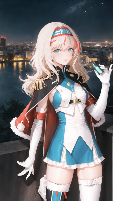 (((((night, city, neon lights))))), (white theme, lightpink), mechanical theme, looking at viewer, (from below),
1girl, solo, (((cowboy shot))), short hair, flipped hair, hair between eyes, ((diagonal bangs)), medium breasts, beautiful face, asymmetrical hair, multi-colored hair, bodysuit, (((waist sash))), detached sleeves, ((metal hairband)), (open jacket, fur jacket), cute face, (translucent high heel boots, translucent thigh boots, translucent fur boots), animal collar, (thigh bands), ((waist cutout, argyle cutout)), hairpin, streaked hair, crystal earrings, animal ears, (translucent), ((pleated skirt)), heart, bow hairband, (cutout),
 <lora:Grenadier-1-000019_0.7+Grenadier-000014_0.7:0.6>