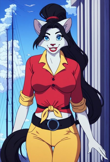score_9, score_8_up, score_7_up, score_6_up, score_5_up, score_4_up, source_furry,detailed eyes, detailed face,LoraPXL,1girl, blue eyes, animal ears, very long black cat tail, red nose, red shirt, sky,yellow pants, ponytail, furry, belt, cat girl, open mouth, makeup, very long black hair, cat tail, animal nose, solo, tied shirt, furry female, cat ears, shirt, breasts, lipstick, cloud, smile