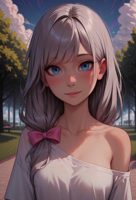 masterpiece, best quality, amazing quality, p0nyd1sney1ncasev1x0n2:1.5, 1girl, 25 years old, perfect face, 
detailed face, portrait, face focus, depth of field, looking at viewer, shy smile, (close up),
blue eyes,
grey hair, long hair, hair bow, low-tied long hair, sidelocks, 
pink bow, 
white shirt, oversized clothes, collarbone, bare shoulders, off shoulder, off-shoulder shirt, 
sky, clouds, park, rainbow,