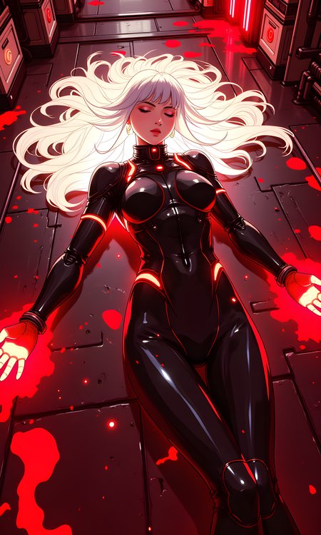 This image is a striking and intense piece of digital art featuring an anime-style character in a futuristic, possibly cyberpunk setting. The character has long, flowing white hair that appears to be glowing with a bright light, adding a supernatural or otherworldly quality to the scene. Her eyes are closed, and her expression is serene, despite the dramatic and somewhat ominous context.
The character is dressed in a dark, form-fitting suit that seems to be made of a high-tech material, with red accents and glowing elements that suggest advanced technology or cybernetic enhancements. Her hands are outstretched, with red energy or light emanating from them, creating a sense of power and intensity.
The background features a metallic, industrial environment with red lighting that casts a dramatic glow over the entire scene. The floor is covered in what appears to be blood or some other red substance, adding to the overall sense of danger and urgency. The character's position, lying on the ground with her arms extended, suggests that she might be in a state of exhaustion, defeat, or perhaps even death.
The overall mood of the image is one of tension and mystery, inviting the viewer to wonder about the story behind this powerful and enigmatic character. The combination of the glowing hair, the advanced suit, and the red lighting creates a visually stunning and memorable piece of art.
BREAK anime, d13s3lp2nk, bboil artist style, OBdonman, <lora:FLUX\Synesthesia:0.2>, <lora:FLUX\RetroAnimeS1.1:0.4>, <lora:FLUX\Flux-jijia:0.1>, <lora:FLUX\It's a LoRA for portraits, BUT! actually specialized in backgrounds. v1.0:0.1>, <lora:FLUX\GLSHS:0.2>, <lora:FLUX\Dieselpunk Delight - s0_9 g4:0.4>, <lora:FLUX\OBdonman, anime0style portrait:0.1>