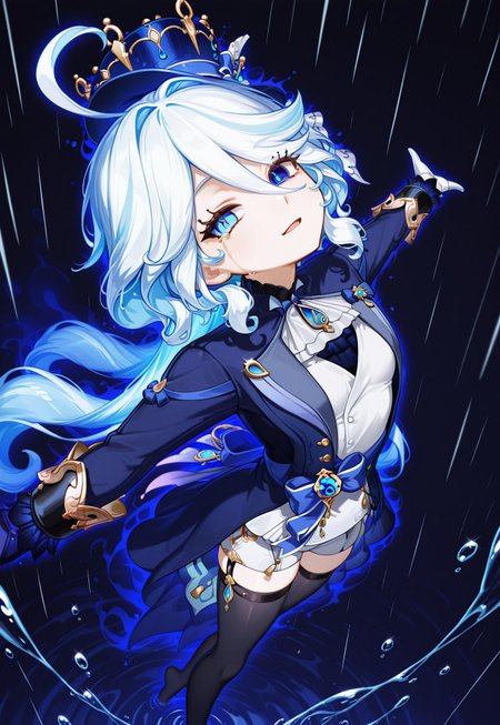 (masterpiece, newest, dynamic angle), anime, 1girl, portrait, petite, standing, Furina_(Genshin_Impact), (fading), (water droplet hair ornament), diamond-shaped pupils, (blue coronet), glowing eyes, spread arms, looking at viewer, open mouth, white shirt, blue coat, open coat, white shorts, black thighhighs, bare feet, small breasts, head tilt, expressionless, streaming tears, (light smile), glowing vision (genshin impact), water droplets, glowing water droplets, rain, (blue aura), dark blue background, dark, night