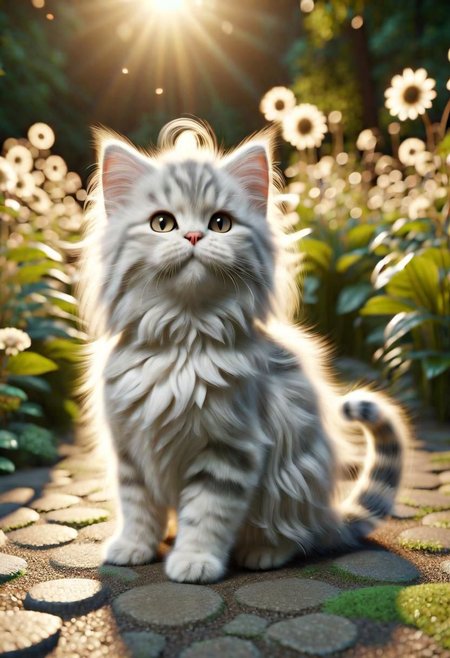 ral-fluff,<lora:ral-fluff:1>,
chibi,masterpiece,best quality,original,official art,silver metallic maincoon cat,hat,flower,blurred background,rendering,beautiful detailed glow,(detailed ice),beautiful detailed sun,sunny, blurred flower, happy
