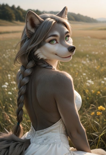 score_9, score_8_up, score_7_up, score_6_up, female Anthro, White Cheeks, gray fur, green eyes, beautiful eyes, wolf tail, Gray Long Hair, Swept Bangs, Gray Twinbraids, disambiguation, elegant furry hands, eye focus,  smile,  sitting in field, sideview, eye focus, looking over shoulder