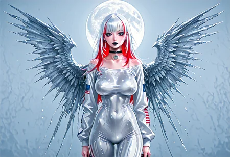 score_9,score_8_up,score_7_up, 1girl, solo, (American Flag, USA theme), hip-level shot, harsh lighting, mourning, (goth, black lipstick, silver jewelry, silver piercings, black mascara, black eyeshadow), (narrow-shouldered), (<lora:Underdye_hairstyle__Peekaboo_Hairstyle:1> underdye_hairstyle, two-tone hair,  White outer hair, Blue and Red inner hair),choker, (pale oiled skin), saggy breasts, covered crotch, (<lora:BimboifyXLP:1> bimbofication, transformation, multiple girls), (<lora:Fantasy_Wings_Luis_Royo_Style:0.5> Thorn wings,),moon arc void nature trail USA background,  <lora:Kjech_Style:1>
