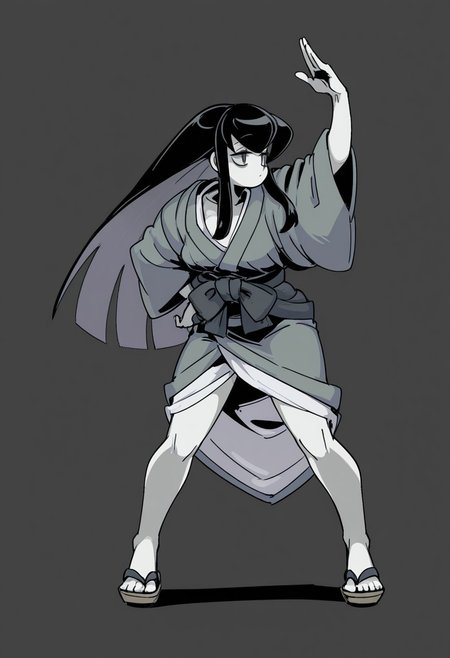 by 770mk, 1girl, solo, pose, oc (770mk), kimono, black hair