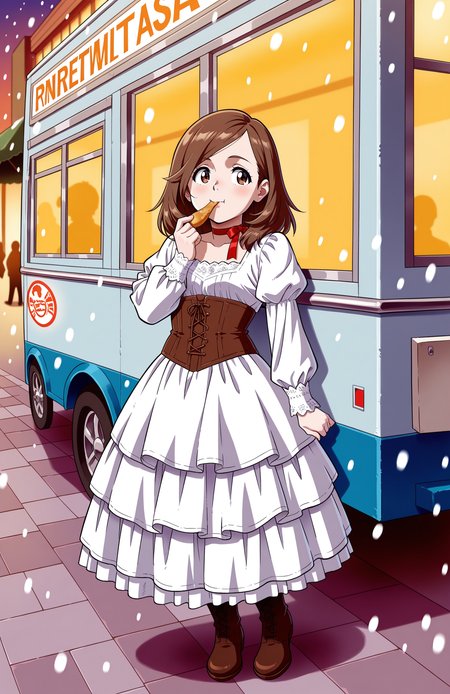 1girl, solo, <lora:Daikin:1> dkn, 
<lora:BekBry-60:0.8> bekbry, brown eyes, brown hair, medium hair, swept bangs, petite, victorian dress, puffed sleeves, corset, layered skirt, lace cuffs, white pantyhose, boots, ribbon choker, (long shot), eating at a food truck, detailed face, located in an urban scene at a scenic school during sunset with snowing weather, illuminated by shop windows, creating a energetic,lively atmosphere, extremely detailed, highres, masterpiece, best quality