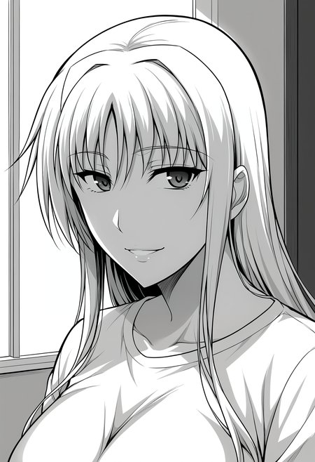 <lora:Ishigaki_Takashi_Style-Fate_Testarossa:0.9>,1girl,solo,fate,mature female,long hair,large breasts,greyscale,monochrome,upper body, shirt,looking at viewer, smile,indoors
