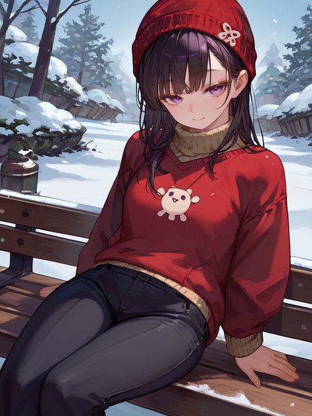 PDXL, <lora:SoleilV1:1>, s0leil,
1girl, cute face, detailed eyes, small breasts, long black hair, purple eyes, sweater, black pants, red beanie, sitting on a bench, snow