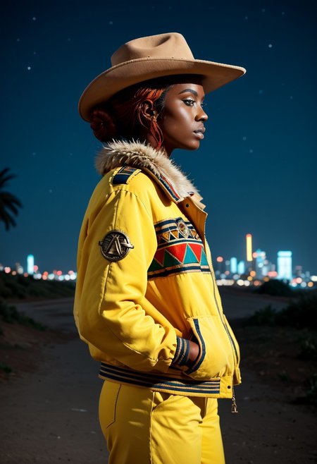 score_9, score_8_up, score_7_up, amazing quality, ((single character)), full profile photo, (full character profile:1.2), 80's film grain,
BREAK, background of industrial cyberpunk city with neon advertisements, outdoors, dark sky,
BREAK, (a dark skinned Egyptian woman with a curious expression:1.5), (fuzzy auburn hair in bun with a tan cowboy hat:1.3), (standing with hands in jacket pockets:1.2),
BREAK, wearing a colorful African styled top (green yellow red pattern), wearing skin tight grey sweat clothes underneath, ak47 rifle slung over shoulder,