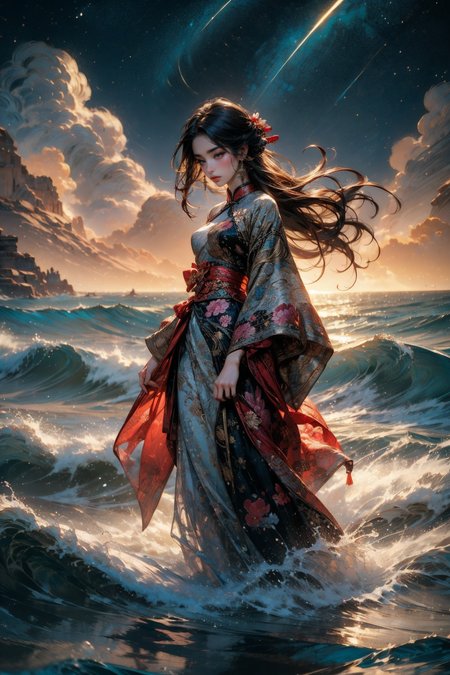 (masterpiece:1.1), (best quality:1.1), (intricate:1.1), (detailed:1.1), (ornate:1.1), (aesthetic:1.0), (vibrant colors:1.2), BREAK,
(chinese ink painting:1.2), (tragic:1.1), BREAK,
(solo:1.2), (full body:1.0), (1girl:1.0), (floral dress:1.0), (standing amidst the waves:1.0), (traditional chinese dress:1.0), (sad:1.0), (depressed:1.0), (hopeless:1.0), (sorrowful:1.0), (partially submerged:1.0), (pain:1.0), <lora:Chinese_ink painting_20230725220724-000018:0.4>, BREAK,
(starry night:1.1), (ocean:1.0), (waves:1.1), (raging waters:1.1), (clouds:1.0)