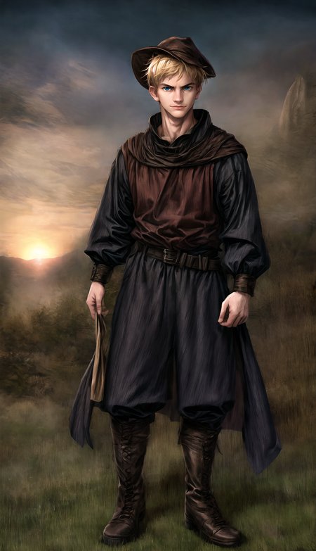 medieval, fantasy, dusk, medieval village background,
straight-on, full body, male, weak, confident and relaxed pose, intrigued glance, (black eye color:0.7), brown eye color, blonde hair, thin cute nose, pointy jaw, looking at viewer, harmless, chaperon hat, wearing a medieval shirt, medieval boots,
HD, very detailed,
<lora:more_details:1.0>,  <lora:Medieval_Headwear:1.0> mehe,  <lora:Darkness:0.9> darkness,    <lora:Bloodborne:0.3>