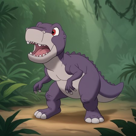 score_9, score_8_up, score_7_up, score_6_up, score_5_up, score_4_up, source_furry, Chomperlbttv, feral, male, Tyrannosaurus rex, dinosaur, scalie, purple skin, red eyes,  jungle, roaring, open mouth