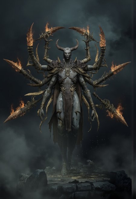 DGC style, MikeFranchinastyle, ghiblistyle, hkevil, berserk style, Surreal art, d4artstyle, d4concept, , bbstyle,, horror theme,, zbrush, ZBClay model of a gray sculpture
Set against a solid dark color background to emphasize its unnatural form and grotesque eerie and unsettling anatomy that emphasizes its silhouette. The medium is not a traditional painting or illustrative medium like watercolor or ink but rather a digital 3D rendering.
A towering, nightmarish six-armed humanoid creature, its muscular form wreathed in darkness and shadow. Each of its elongated arms wields a blazing, fiery sword, casting ominous light across its grotesque body. Its face is obscured in a void of darkness, adding an air of mystery and dread. The creature’s stance is menacing and powerful, its clawed feet digging into a desolate, fog-covered ground, exuding unstoppable rage. The surrounding atmosphere is thick with smoke and ash, with faint embers drifting through the air. Focus on dramatic contrast, intense lighting, smoky textures, and the creature’s imposing, multi-armed silhouette.